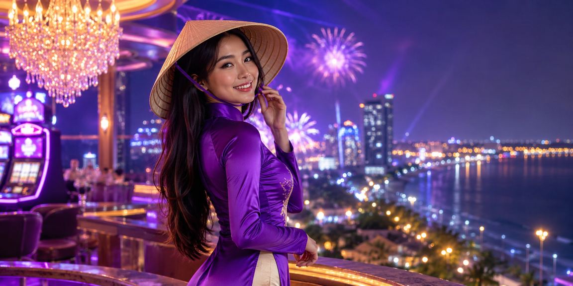 Người chơi thử trò slots bên bờ biển Vũng Tàu với chiếc nón lá truyền thống
